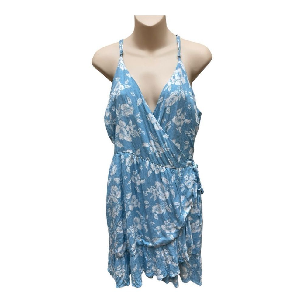 Promesa Blue White Floral V Neck Wrap Dress Size L Feminine Romantic Ruffle EUC